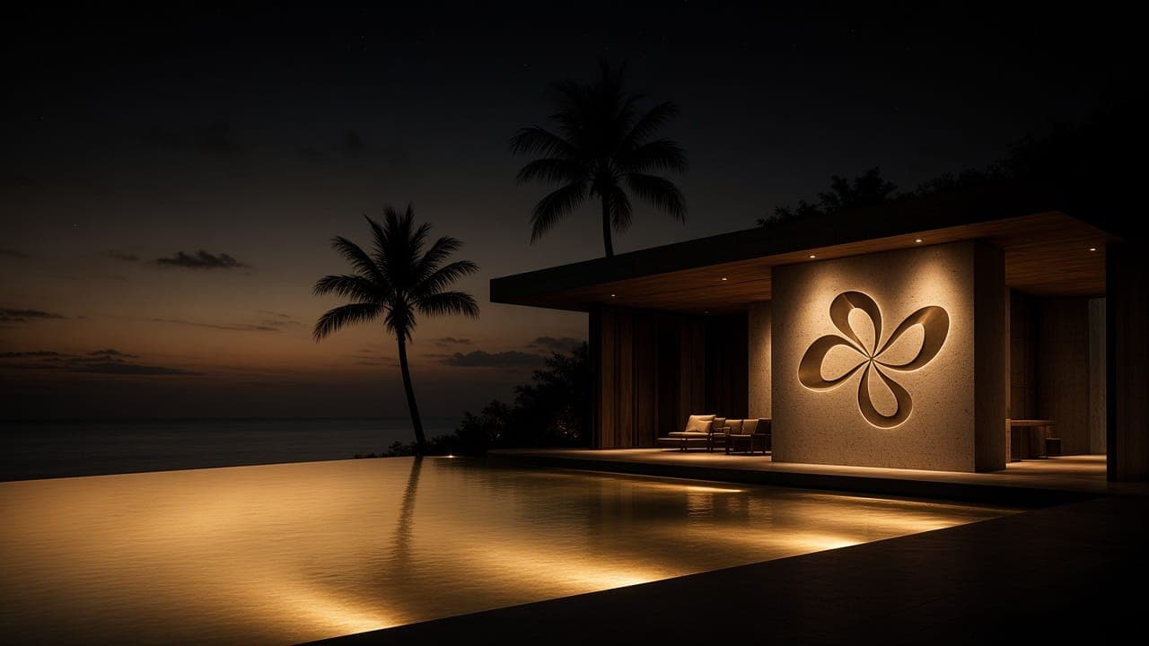An infinity pool of warm water meeting a dark sea at a private coast.